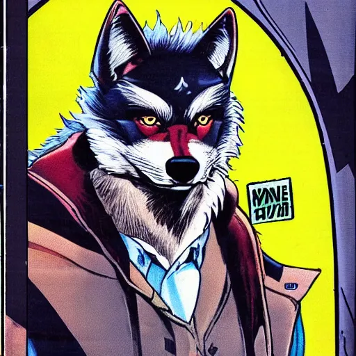 Image similar to 1 9 8 0 s comic book cover scan featuring a portrait of villain male wolf o'donnell anthropomorphic wolf furry fursona from starfox wearing a dark space mercenary uniform, dark grey wolf, handsome eyes, wolf o'donnell