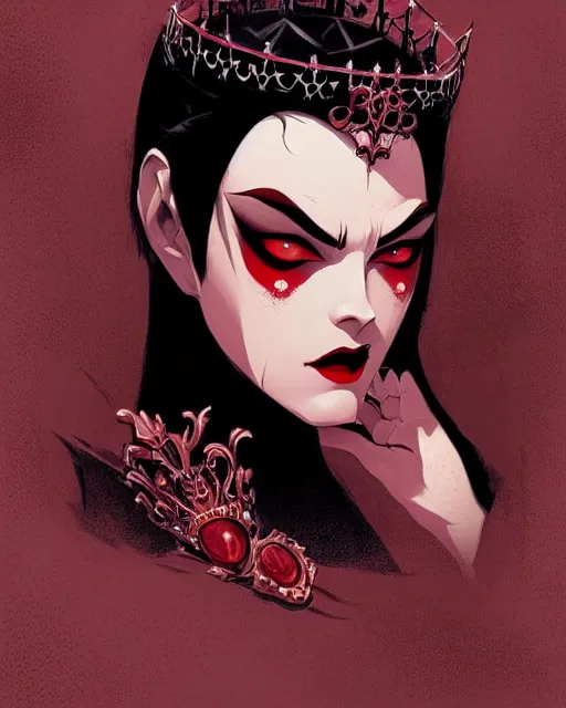 Prompt: beautiful vampire queen with crown, symmetrical face, evil, portrait, cinematic, dramatic, powerful, super detailed and intricate, by koson ohara, by darwyn cooke, by greg rutkowski, by satoshi kon