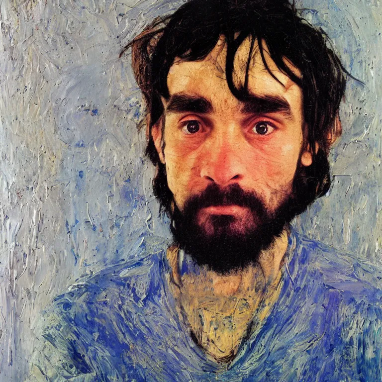 Image similar to Beautiful warmly lit close up studio portrait of young teenage Charles Manson sweetly smiling, impasto oil painting heavy brushstrokes by Cy Twombly and Anselm Kiefer , trending on artstation dramatic lighting abstract Expressionism