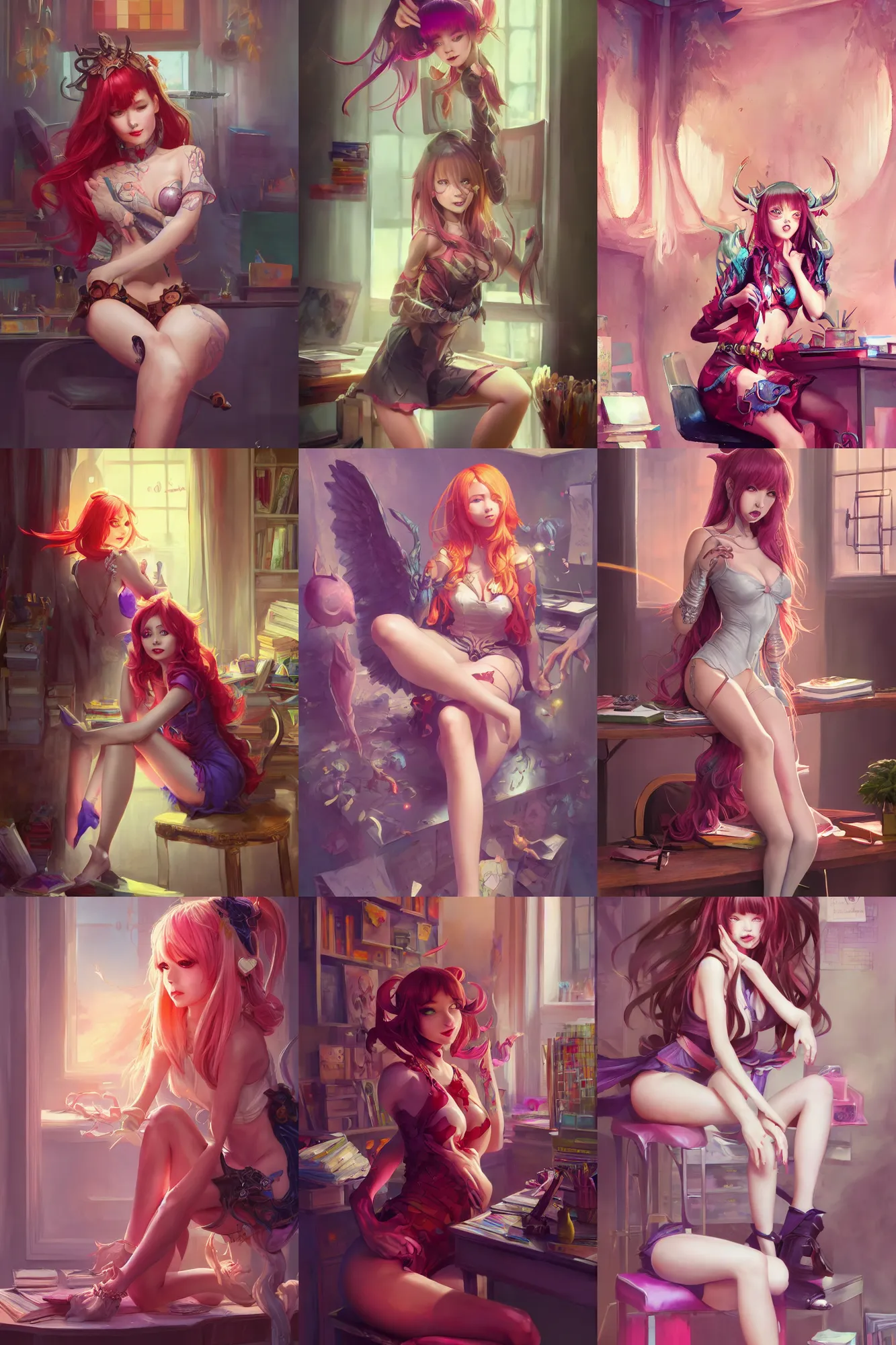 Prompt: a beautiful demon girl sitting in her office | | cute - fine - subtle smile, colorful hair, face, pretty face, fine details by stanley artgerm lau, wlop, rossdraws, james jean, andrei riabovitchev, marc simonetti, and sakimichan, trending on artstation