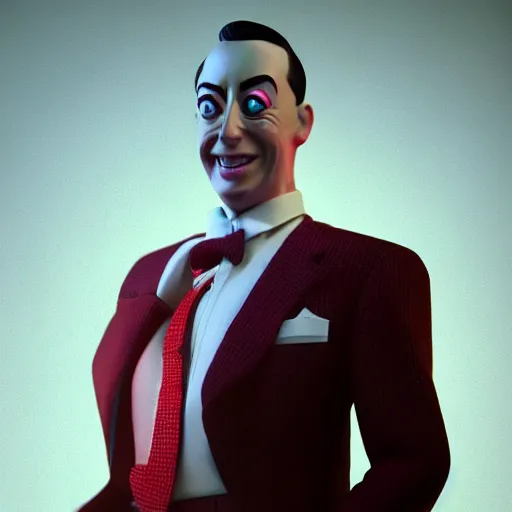 Image similar to a 3 d render of peewee herman on max headroom, octane render, unreal engine, hyperrealism, 8 k, trending on artstation, ultra detailed, volumetric lighting, dramatic lighting, lasers, neon