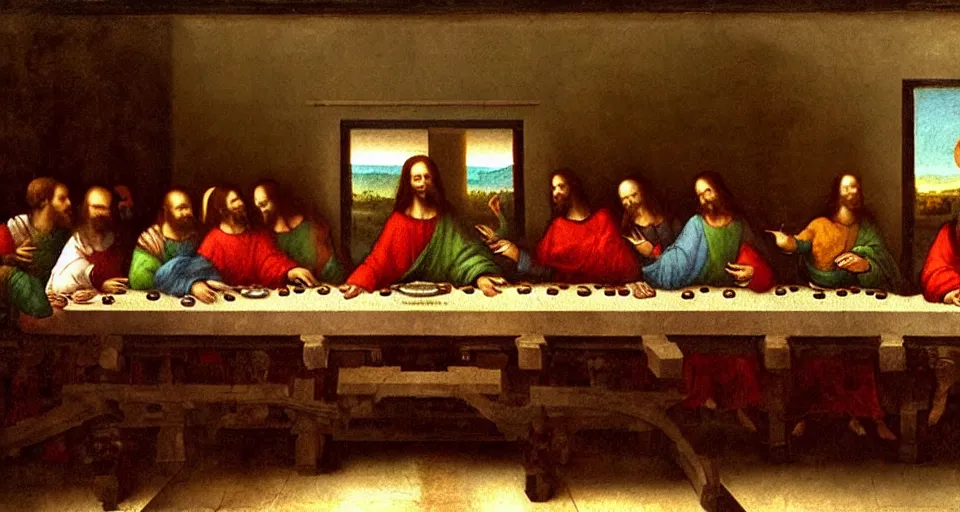 Prompt: DaVinci's the Last Supper except all of the characters have cell phones stylized as a wall Greco oil painting in Milano Italy