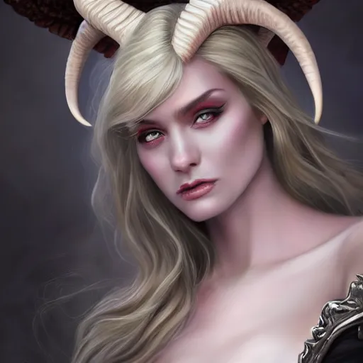 Image similar to perfectly - centered close - up face - portrait of evil fallen angel with long horns wearing a dress, the perfect human female specimen, intricate, elegant, super highly detailed, professional digital painting, artstation, concept art, smooth, sharp focus, no blur, no dof, extreme illustration, unreal engine 5, 8 k, by anne stokes