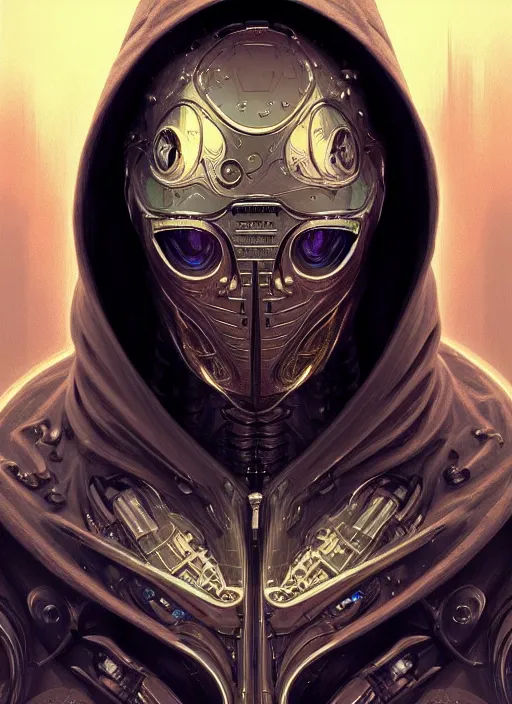 Prompt: robotic guy with hoodie, d & d, wet, shiny, fantasy, intricate, elegant, extremely higly detailed, ultra definition, digital painting, artstation, anatomical perfection, baroque, portrait, unreal engine 5, concept art, smooth, sharp focus, illustration, art by artgerm and greg rutkowski and alphonse mucha