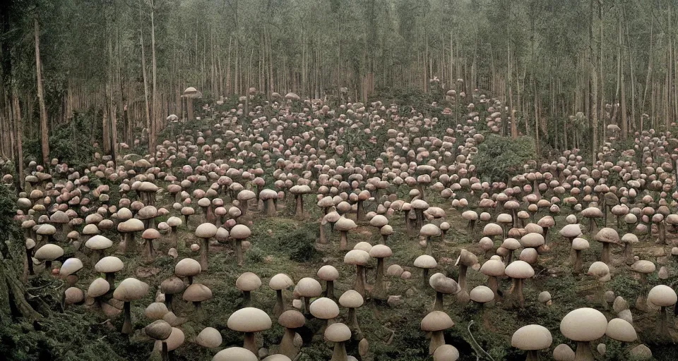 Image similar to A tribal village in a forest of giant mushrooms, by Gottfried Helnwein