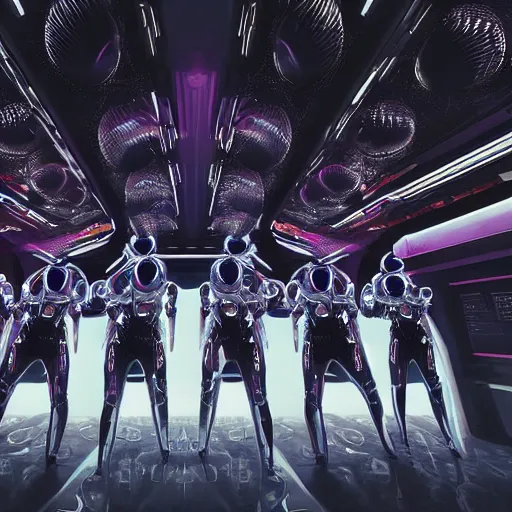 Image similar to ultra realist soft painting render of the inside of a futuristic bar, beautiful cyberwear armored cyborg dancers, crowded silhouettes, symmetry accurate features, very intricate details, black white red purple color palette, masterpiece award winning, cinematic lighting, focus, tom bagshaw artstyle