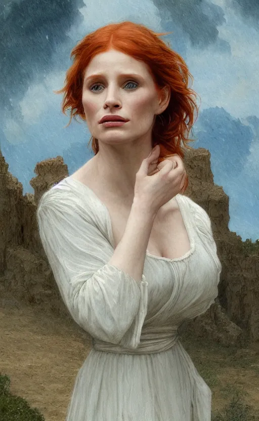 Image similar to Bryce Dallas Howard , Jessica Chastain, traditional corsican, intricate, highly detailed, artstation, illustration, jurgens, rutkowski, bouguereau, pastoral, rural, georgic