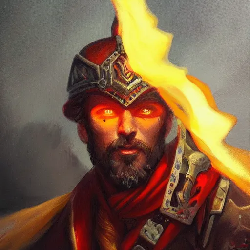 Prompt: oil painting, warhammer rpg, fire mage, portrait, human