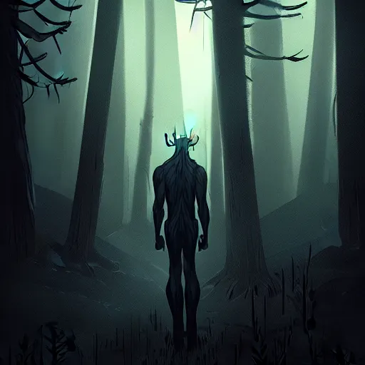 Image similar to in the style of artgerm, peter mohrbacker, rafael albuquerque, wendigo in the forest emerging from the shadows, fog, full moon, moody lighting