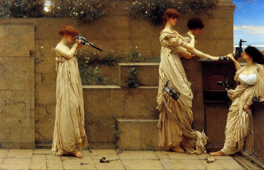Prompt: combine two traditional themes the horizon dissolves in mists gun camera footage painting by claude gellee painting by sir lawrence alma - tadema