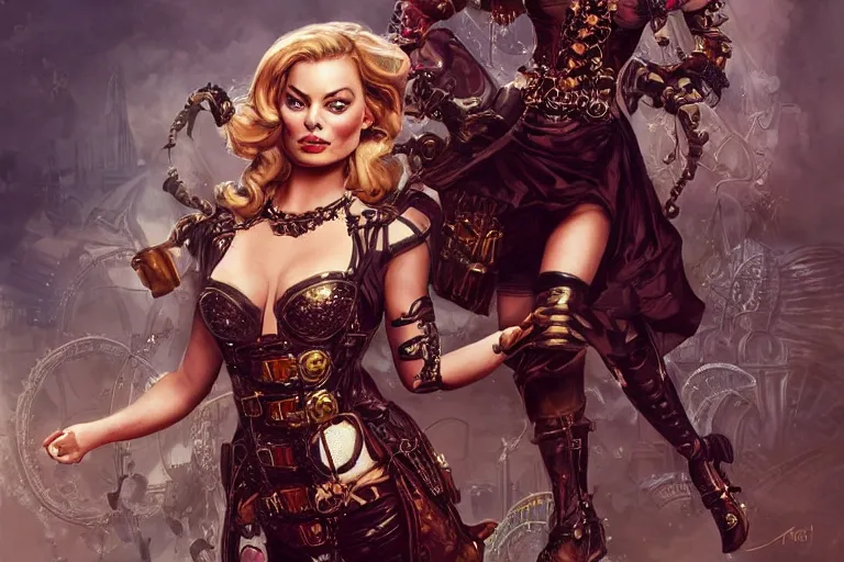 Image similar to three-quarters pose portrait of Margot Robbie as a beautiful Lady Mechanika, very beautiful young woman, ginger wavy hair, Victorian-era push-up underwire. Intricate, steampunk imagery themed, D&D!, fantasy style, sharp focus!, ultra detailed, art by Artgerm and Peter Andrew Jones