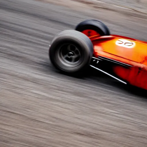 Prompt: an old rusty super car driving through a race track, dramatic, motion blur