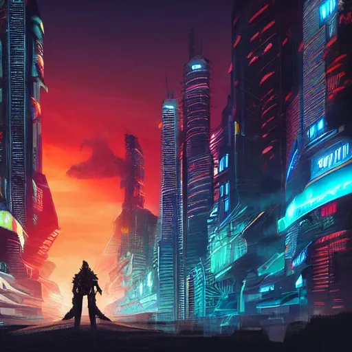 Image similar to Cyberpunk fantasy world with beautiful sunset