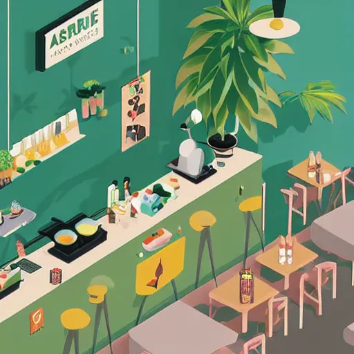 Image similar to isometric cute cartoon illustration style cafe australian, decorated with only two cute cannabis pot plants 🪴 utopian australiana simple frontage, poster, beautiful composition pastel palette by will barnet, digital art, hyperrealistic soft, inked digital, render cartoon by pixar