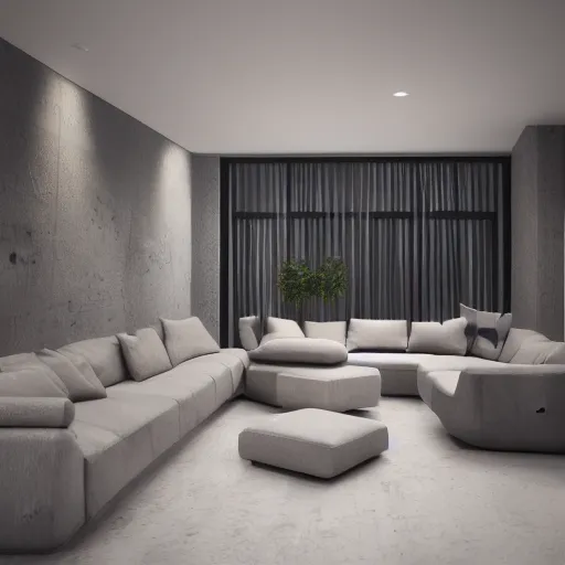 Image similar to living room concept render, octane render, inspired by nature, brutalist, futuristic, well illuminated, cold