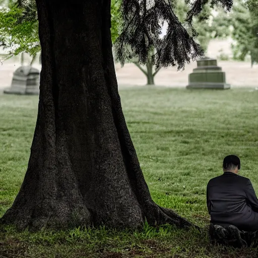 Image similar to Photo of a man in black slightly hidden behind a tree in the cemetery