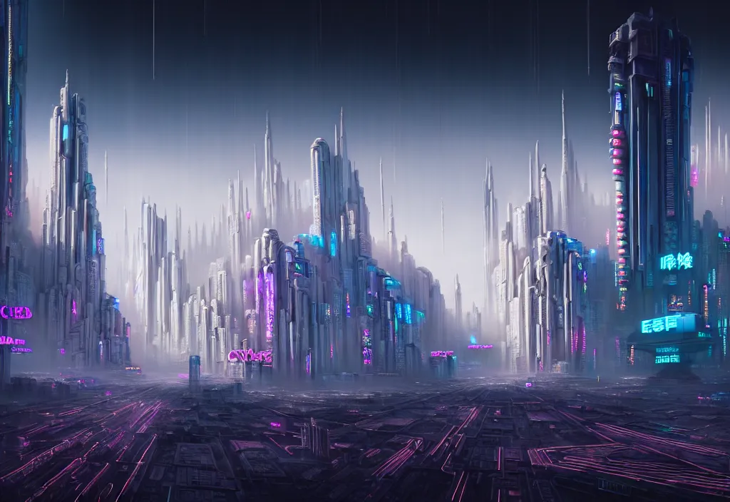 Image similar to stree view of a highly detailed crisp unreal engine render of a beautiful futuristic cyberpunk utopia city full of life where everything is white , building with neon like plants, stunning clowds on the sky, sunlight breaking through clouds, no signature, fliperama machines, earth in 3300, sci-fi, imagine, superb, colony, everything is perfect by wangchen-cg, 王琛,Neil blevins, artstation, Gediminas Pranckevicius