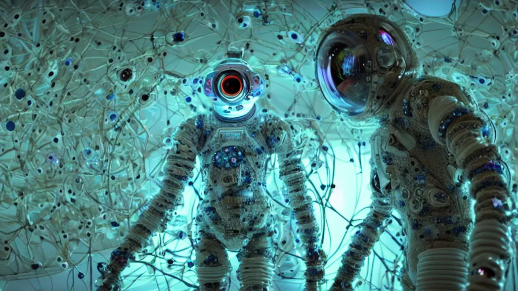 Image similar to a cybernetic symbiosis of a single astronaut mech-organic eva suit made of pearlescent wearing knitted shiny ceramic multi colored yarn thread infected with diamond 3d fractal lace iridescent bubble 3d skin dotted covered with orb stalks of insectoid compound eye camera lenses floats through the living room, film still from the movie directed by Denis Villeneuve with art direction by Salvador Dalí, wide lens,kevlar,carbon fiber,ceramics,gaseous materials,