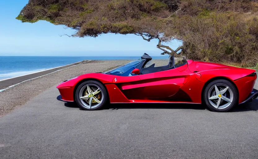 Prompt: a still of a ferrari monza sp 2 parked along the pacific coast highway, ocean in the background, 8 k,