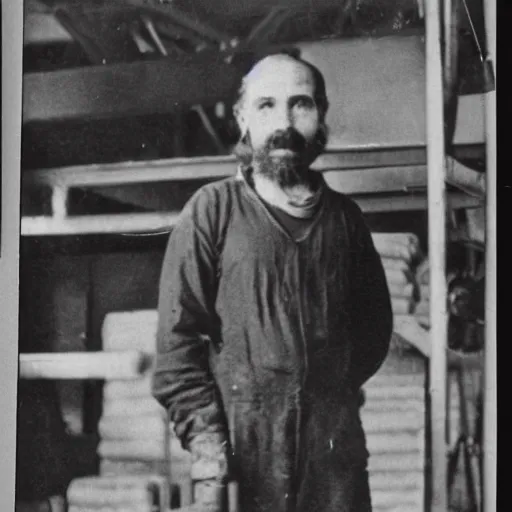 Prompt: vintage black and white photograph of jeff bezzos as a factory worker, film grain, 1 9 0 0