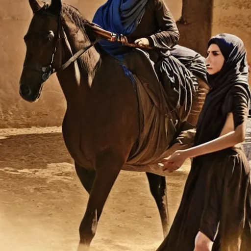 Image similar to burqa's woman, ride horse, taliban, riffle on chest, dust, cinematic, beautiful, dynamic pose, random content position, pinterest