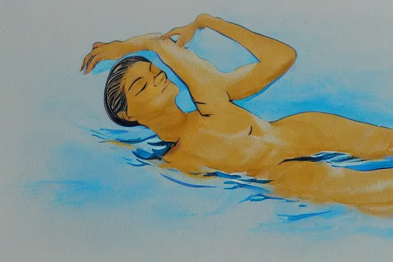 Image similar to beautiful serene swimming person, healing through motion, life, minimalistic golden and ink airbrush painting on white background