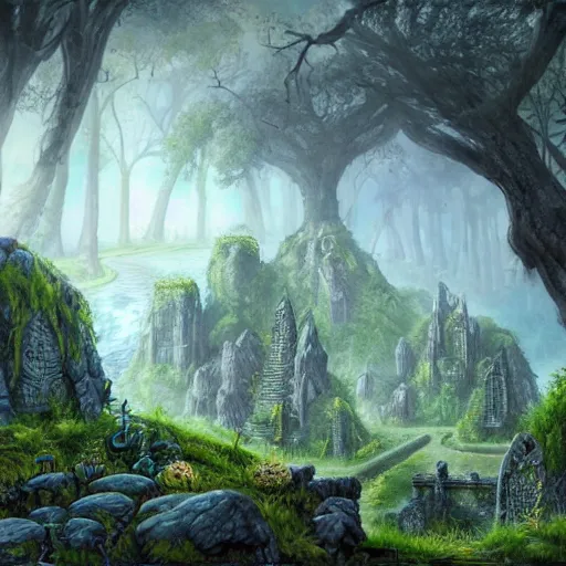 Image similar to ancient overgrown ruins, medieval gates, runestones, nostlagia, mysetrious etherial mesmerizing runic cat eyes, magical elven geometry, floating islands, hyper detailed, realistic