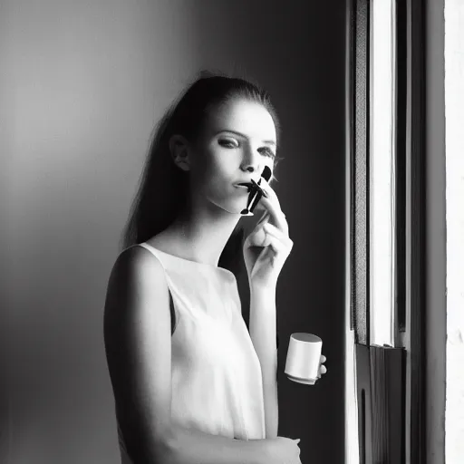 Image similar to black and white fashion photo of a model woman smoking a cigarette by the window