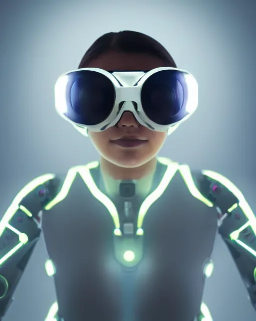 Image similar to centered portrait photo of young lorena herrera as a solarpunk mecha humanoid robotic parts wearing goggles with bright lights, real human face, pudica pose, inside white room, ultra - realistic and detailed, 8 k