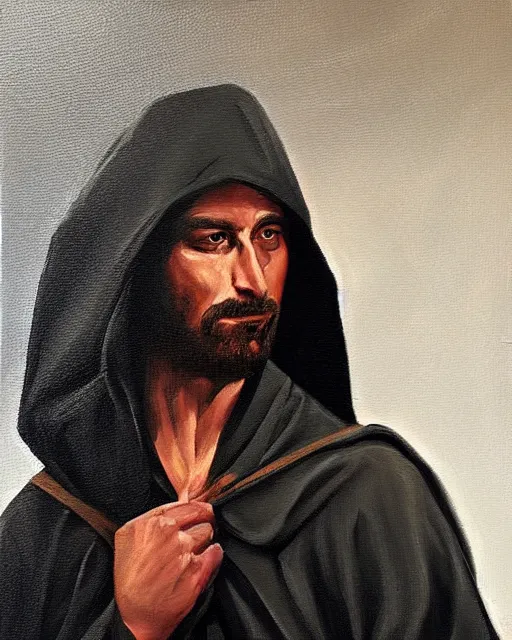 Image similar to oil painting portrait of a man in dark robes, hooded, made by greg rukowtski, fantasy, moodly