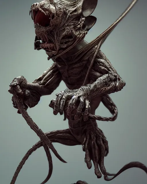 Prompt: highly detailed portrait of a movie gremlin swinging a whip, depth of field, fashion photoshoot by hyung tae, frank frazetta, bosch, giger, breathtaking, detailed and intricate environment, 8 k resolution, hyperrealistic, octane render