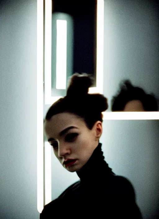 Image similar to cinestill 5 0 d candid photographic portrait by stanley kubrick of a beautiful mixed feminine man wearing black techwear and light makeup looking in a broken bathroom mirror, rundown new york apartment, medium closeup, retrofuturism grunge cyberpunk lights shadows refraction, 3 5 mm, f / 3 2, 4 k, 8 k, hd, high resolution, ultra realistic faces, intricate detail