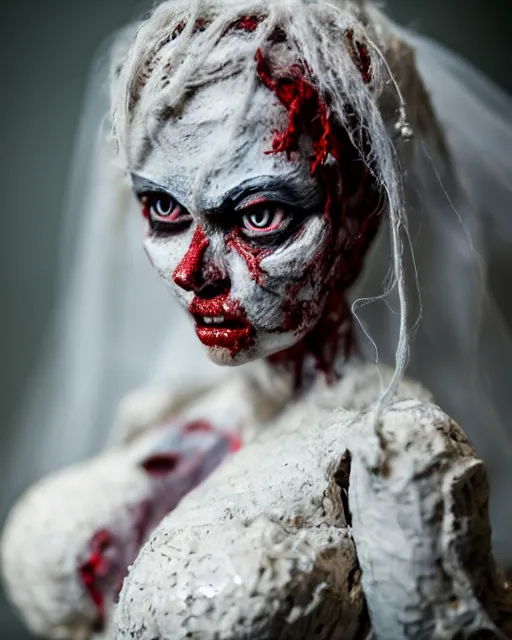 Image similar to a paper mache doll of a zombie bride, realistic, very detailed, complex, intricate, studio lighting, bokeh, sigma 5 0 mm f 1. 4