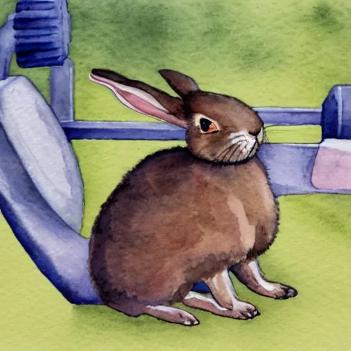 Image similar to a rabbit using a rowing machine, realistic watercolour