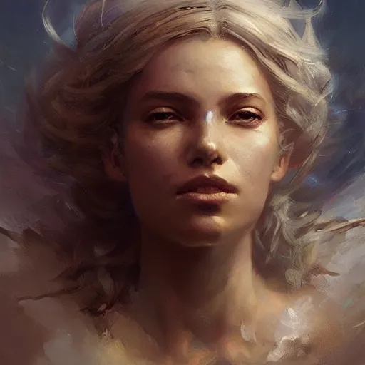 Image similar to a beautiful portrait of a cloud goddess by Greg Rutkowski and Raymond Swanland, Trending on Artstation, ultra realistic digital art