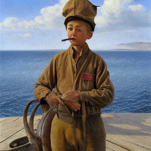 Image similar to painting of cabin boy hyperrealism vasily vereshchagin at harbor