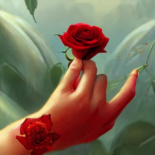 Prompt: a hand holding a red rose, intricate, highly detailed, digital painting, artstation, concept art, smooth, sharp focus, illustration, unreal engine 5, 8 k, art by artgerm and greg rutkowski and alphonse mucha
