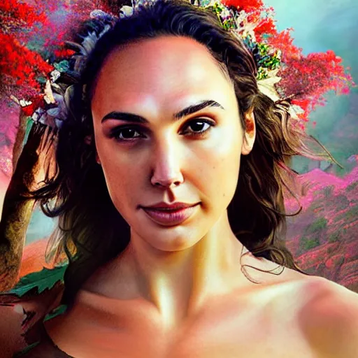 Image similar to Portrait of the beautiful woman Gal Gadot, she is a forest nymph, she is posing, she has a crown of flowers, she is sitting on an ancient forest, there is fog and lots of extravagant leafs, she is getting ulluminated by the rays of the sunset, the photo was taking by Steve McCurry, matte painting, oil painting, naturalism, 4k, 8k