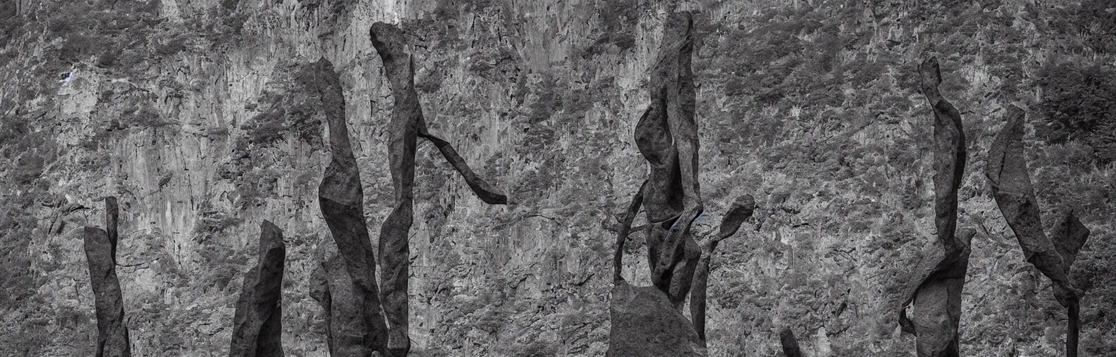 Prompt: to fathom hell or soar angelic, just take a pinch of psychedelic, medium format photograph of two colossal minimalistic necktie sculpture installations by antony gormley and anthony caro in yosemite national park, made from iron and marble, granite peaks visible in the background, taken in the night