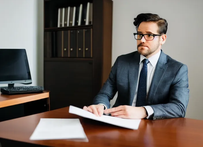 Prompt: photo of a serious husky in a suit and glasses, reading a document at a desk in an office. Highly detailed 8k. Intricate. Sony a7r iv 55mm. Award winning.