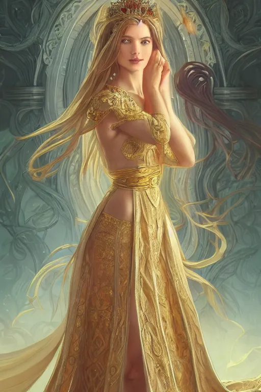 Image similar to beautiful female princess, long dress, full body shot, long hair, d & d, fantasy, intricate, elegant, golden trims, highly detailed, digital painting, artstation, concept art, matte, sharp focus, illustration, hearthstone, art by artgerm and greg rutkowski and alphonse mucha