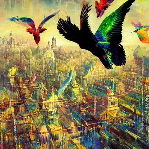 Image similar to iridescent colorful digital birds fly over a progressively rasterized city into virtuality, oil on canvas by dave mckean and ivan shishkin