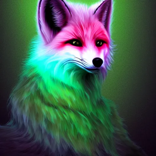 Prompt: digital greenest and whiter fox, retrowave palette, digital world, highly detailed, electric breeze, anatomically correct vulpine, synth feel, fluffy face, ear floof, flowing fur, super realism, accurate animal imagery, 4 k digital art