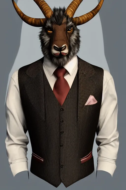 Prompt: beautiful portrait commission of a male furry anthro mountain goat wearing a pinstripe suit and waistcoat, award-winning, detailed, trending on artstation