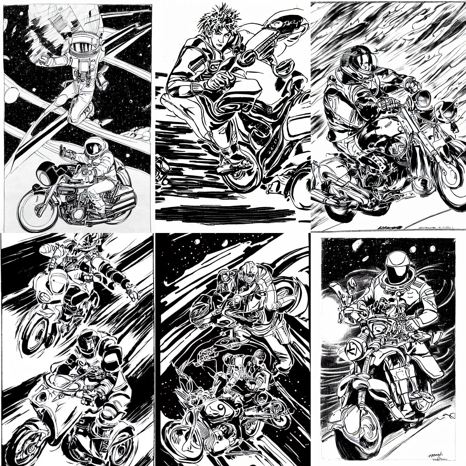 Prompt: man riding a motorcycle in space, drawn by hirohiko araki, speed lines, hand drawn, black and white