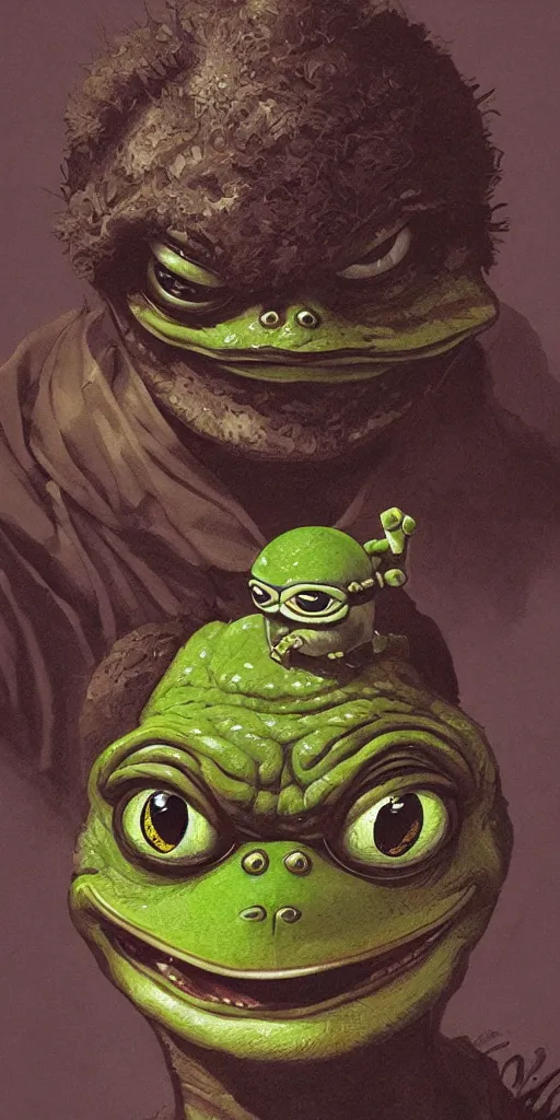 Prompt: Portrait of Pepe The Frog, marvel comics, dark, intricate, highly detailed, smooth, artstation, 4k digital illustration by Greg Rutkowski