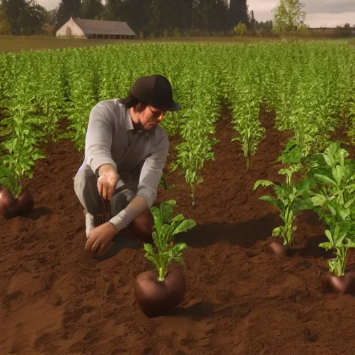 Image similar to keanu reeves planting potatoes in belarus, instagram photo, photorealistic, hyper detailed, hyper realistic, houdini, vfx, unreal engine 5, octane render, 8 k, full hd