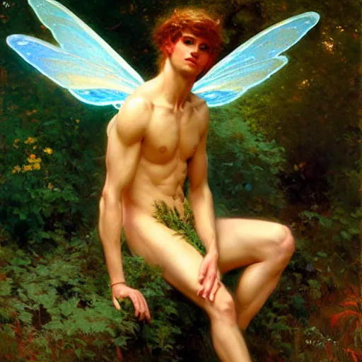 Image similar to attractive male fairy with wings in the forest, posing. highly detailed painting by gaston bussiere, craig mullins, j. c. leyendecker, 8 k