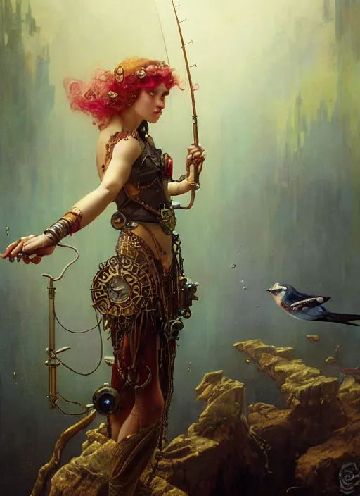 Image similar to hyper realistic fisherman, birds eye view, magical, gems, jewels, gold, steampunk, cyberpunk utopia, painted by tom bagshaw, mucha, gaston bussiere, craig mullins, j. c. leyendecker 8 k