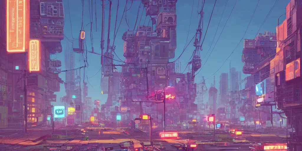 Image similar to city, building, cars, neon lights, dystopia, park tree, people, happy town, close view of street, fish eye view lens , by Goro Fujita and Simon Stalenhag , 8k, trending on artstation, hyper detailed, cinematic